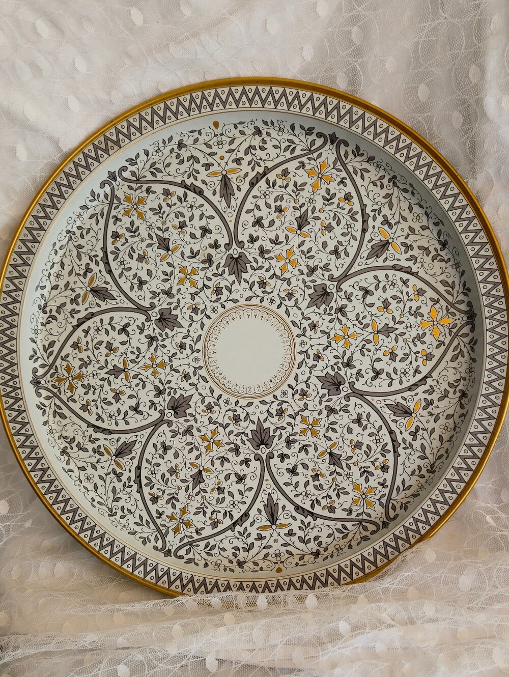 Vintage Venitian Reproduction Round Tin Tray 14” diameter Gold/White/Grey
